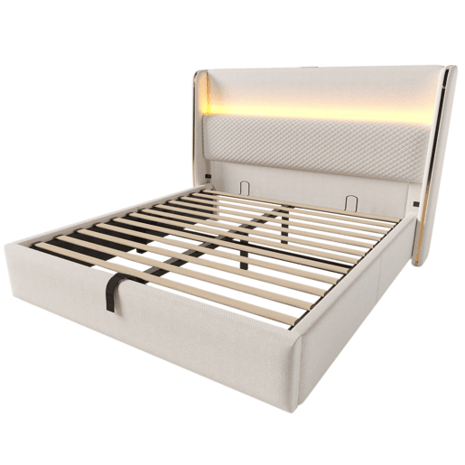 Cama hidráulica 160x200 cm - Com LED, armazenamento, portas USBType-C - Bege Cama hidráulica 160x200 cm - Com LED, armazenamento, portas USBType-C - Bege