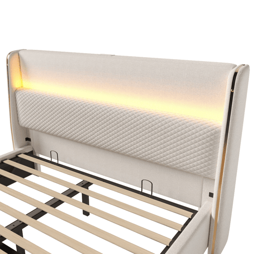 Cama hidráulica 160x200 cm - Com LED, armazenamento, portas USBType-C - Bege Cama hidráulica 160x200 cm - Com LED, armazenamento, portas USBType-C - Bege