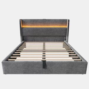 Cama hidráulica 160x200 cm - com LED, armazenamento, portas USBType-C - cor cinza