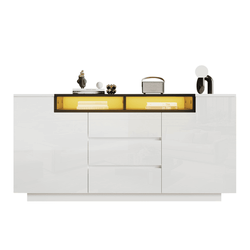 Aparador 140x40x68 cm - Com 2 portas L, 3 gavetas, divisórias ajustáveis e luzes LED - Branco