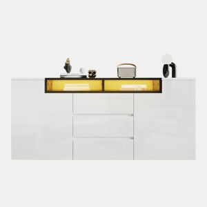 Aparador 140x40x68 cm - Com 2 portas L, 3 gavetas, divisórias ajustáveis e luzes LED - Branco