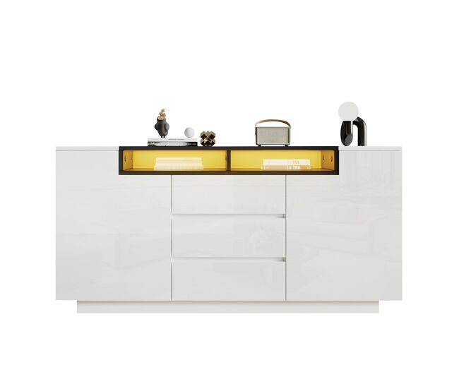 Aparador 140x40x68 cm - con 2 puertas l, 3 cajones, separadores ajustables y luces led - blanco