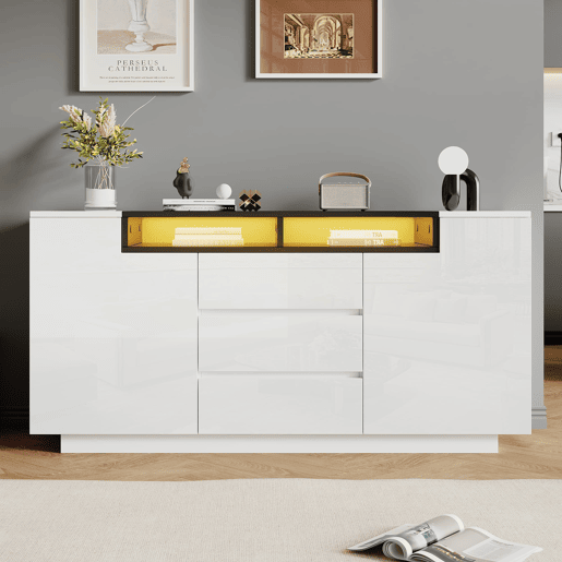 Aparador 140x40x68 cm - Com 2 portas L, 3 gavetas, divisórias ajustáveis e luzes LED - Branco