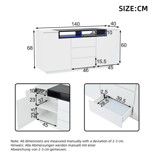 Aparador 140x40x68 cm - Com 2 portas L, 3 gavetas, divisórias ajustáveis e luzes LED - Branco