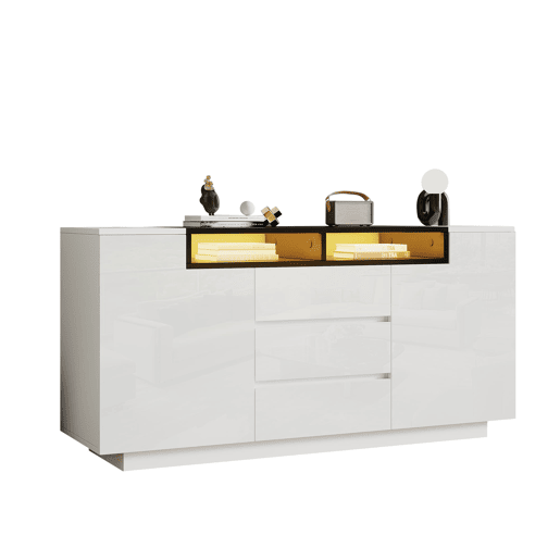 Aparador 140x40x68 cm - Com 2 portas L, 3 gavetas, divisórias ajustáveis e luzes LED - Branco