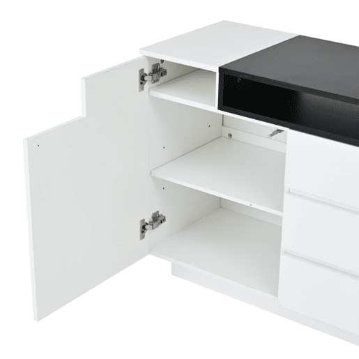 Aparador 140x40x68 cm - Com 2 portas L, 3 gavetas, divisórias ajustáveis e luzes LED - Branco