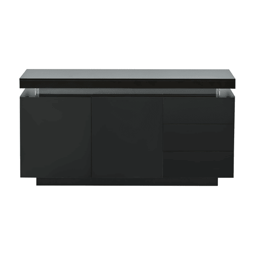 Aparador 140x35x72,5 cm - 2 portas, 3 gavetas, alto brilho, LED, sem puxadores - Preto