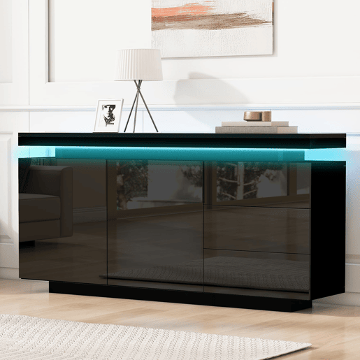 Aparador 140x35x72,5 cm - 2 portas, 3 gavetas, alto brilho, LED, sem puxadores - Preto