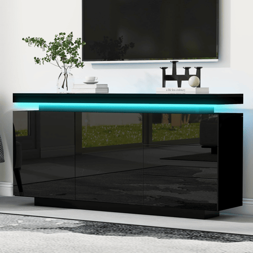 Aparador 140x35x72,5 cm - 2 portas, 3 gavetas, alto brilho, LED, sem puxadores - Preto