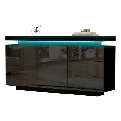 Aparador 140x35x72,5 cm - 2 portas, 3 gavetas, alto brilho, LED, sem puxadores - Preto
