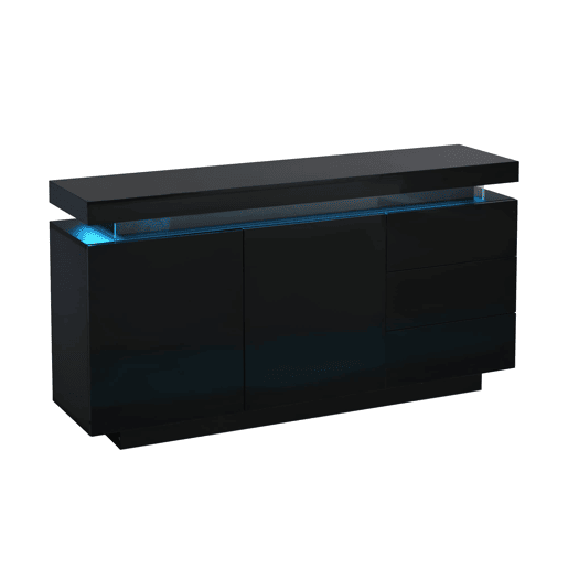 Aparador 140x35x72,5 cm - 2 portas, 3 gavetas, alto brilho, LED, sem puxadores - Preto