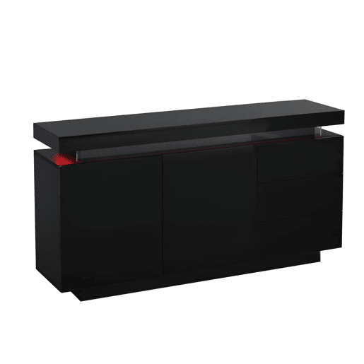 Aparador 140x35x72,5 cm - 2 portas, 3 gavetas, alto brilho, LED, sem puxadores - Preto