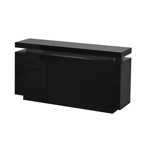 Aparador 140x35x72,5 cm - 2 portas, 3 gavetas, alto brilho, LED, sem puxadores - Preto