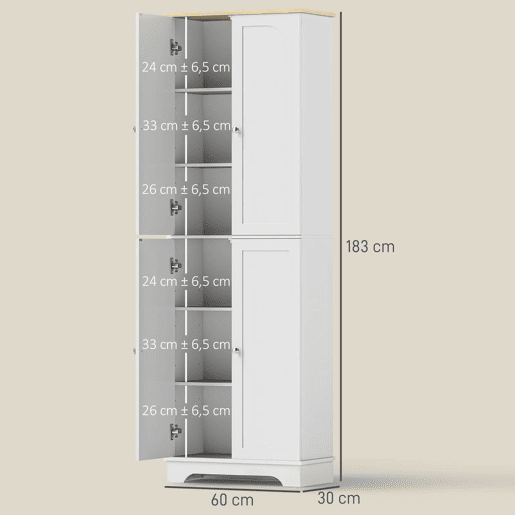 HOMCOM Armário de Cozinha Armário Alto de Cozinha Móvel Auxiliar de Cozinha com 4 Portas e Prateleiras Ajustáveis para Sala de Jantar 60x30x183 cm Branco HOMCOM Armário de Cozinha Armário Alto de Cozinha Móvel Auxiliar de Cozinha com 4 Portas e Prateleiras Ajustáveis para Sala de Jantar 60x30x183 cm Branco