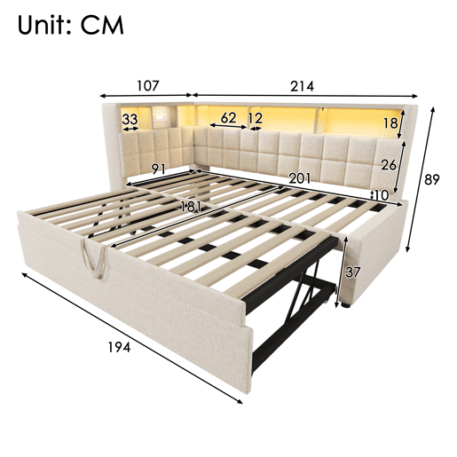 Cama gavetão de linho 90x200 cm com luz led,bege
