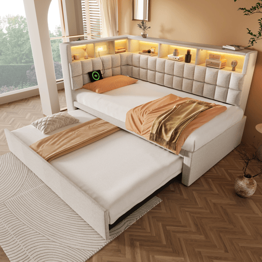 Cama gavetão de linho 90x200 cm com luz led,bege