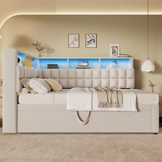 Cama gavetão de linho 90x200 cm com luz led,bege