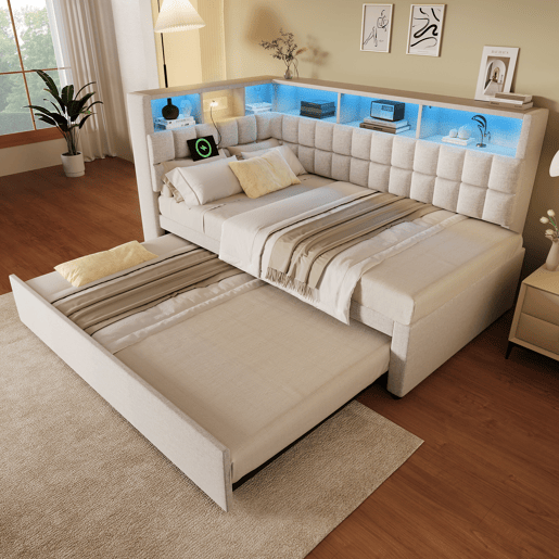 Cama gavetão de linho 90x200 cm com luz led,bege