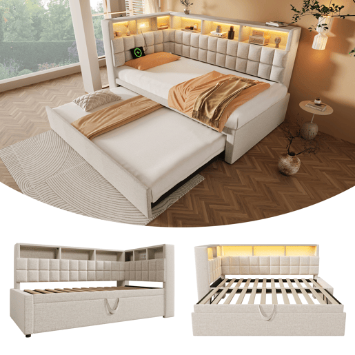 Cama gavetão de linho 90x200 cm com luz led,bege
