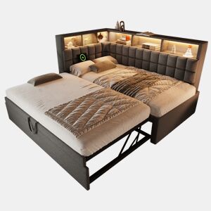 Cama gavetão de linho 90x200 cm com luz led,cinza