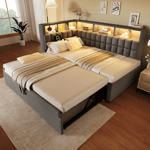 Cama gavetão de linho 90x200 cm com luz led,cinza