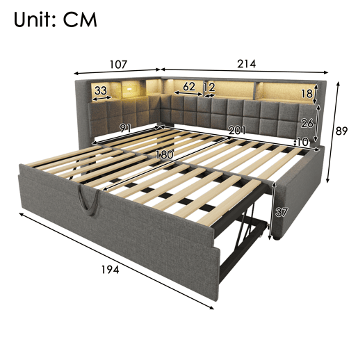 Cama gavetão de linho 90x200 cm com luz led,cinza