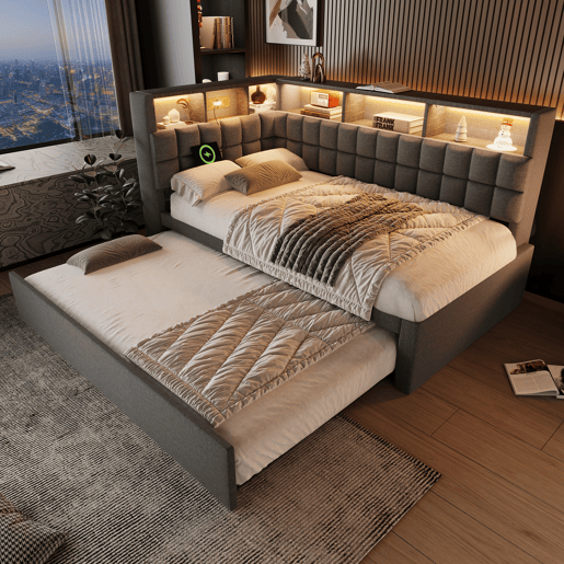 Cama gavetão de linho 90x200 cm com luz led,cinza