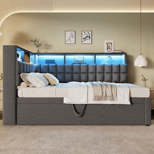 Cama gavetão de linho 90x200 cm com luz led,cinza
