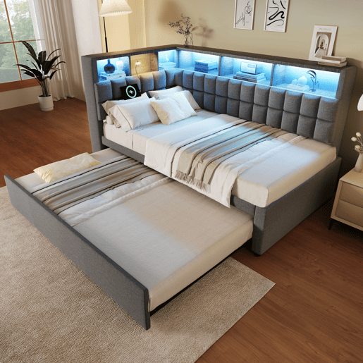 Cama gavetão de linho 90x200 cm com luz led,cinza