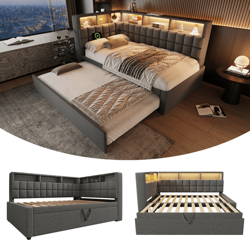 Cama gavetão de linho 90x200 cm com luz led,cinza