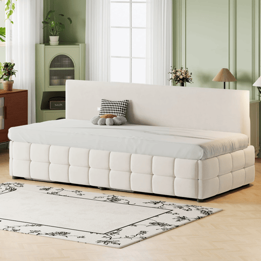 Cama individual 90x200 cm - Com arrumação hidráulica, sem apoios de braços, com padrão xadrez, bege