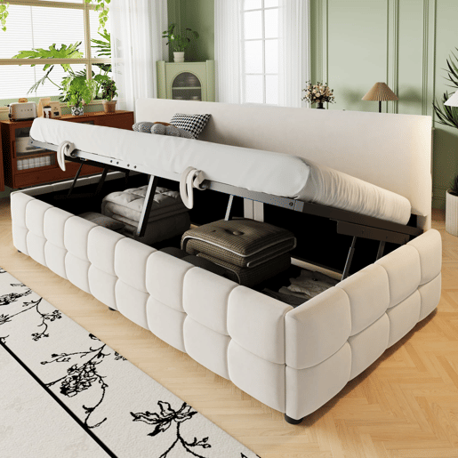 Cama individual 90x200 cm - Com arrumação hidráulica, sem apoios de braços, com padrão xadrez, bege