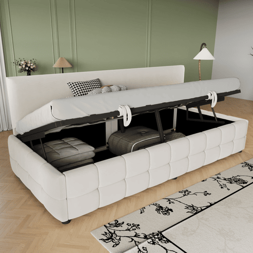 Cama individual 90x200 cm - Com arrumação hidráulica, sem apoios de braços, com padrão xadrez, bege