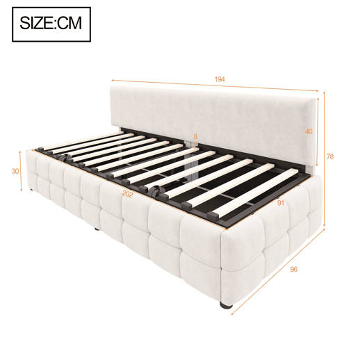 Cama individual 90x200 cm - Com arrumação hidráulica, sem apoios de braços, com padrão xadrez, bege