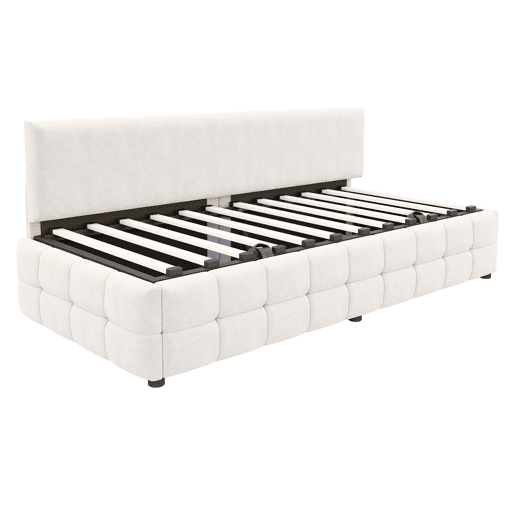 Cama individual 90x200 cm - Com arrumação hidráulica, sem apoios de braços, com padrão xadrez, bege