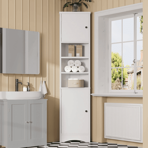 Armário de casa de banho triangular 36,5 x 24,5 x 170 cm - 3 prateleiras abertas, portas duplas, prateleiras ajustáveis, branco