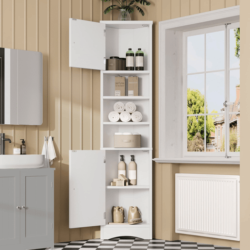 Armário de casa de banho triangular 36,5 x 24,5 x 170 cm - 3 prateleiras abertas, portas duplas, prateleiras ajustáveis, branco