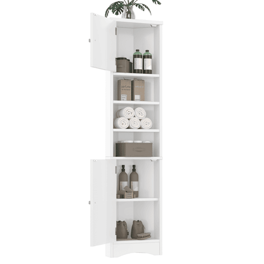 Armário de casa de banho triangular 36,5 x 24,5 x 170 cm - 3 prateleiras abertas, portas duplas, prateleiras ajustáveis, branco