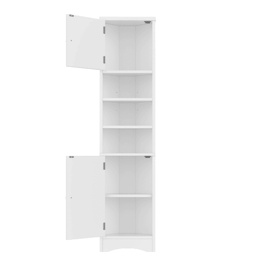 Armário de casa de banho triangular 36,5 x 24,5 x 170 cm - 3 prateleiras abertas, portas duplas, prateleiras ajustáveis, branco