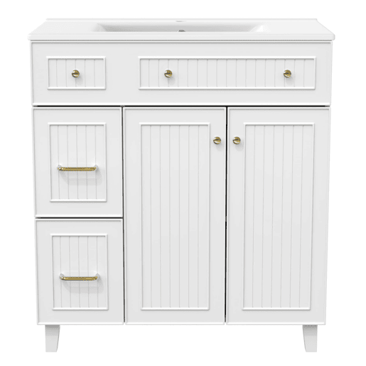 Móvel de casa de banho 82 cm - Lavatório cerâmico, arrumação multifuncional, pés em madeira - Branco Móvel de casa de banho 82 cm - Lavatório cerâmico, arrumação multifuncional, pés em madeira - Branco