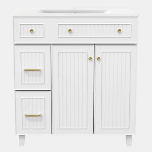 Móvel de casa de banho 82 cm - Lavatório cerâmico, arrumação multifuncional, pés em madeira - Branco
