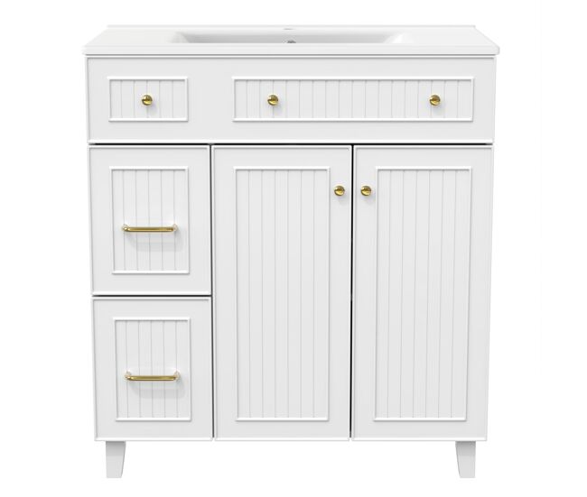 Mueble de baño 82cm - lavabo cerámico, almacenamiento multifuncional, patas madera - blanco
