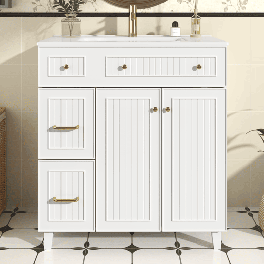 Móvel de casa de banho 82 cm - Lavatório cerâmico, arrumação multifuncional, pés em madeira - Branco Móvel de casa de banho 82 cm - Lavatório cerâmico, arrumação multifuncional, pés em madeira - Branco