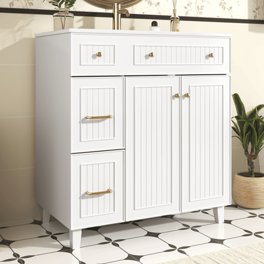 Móvel de casa de banho 82 cm - Lavatório cerâmico, arrumação multifuncional, pés em madeira - Branco Móvel de casa de banho 82 cm - Lavatório cerâmico, arrumação multifuncional, pés em madeira - Branco
