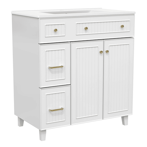 Móvel de casa de banho 82 cm - Lavatório cerâmico, arrumação multifuncional, pés em madeira - Branco Móvel de casa de banho 82 cm - Lavatório cerâmico, arrumação multifuncional, pés em madeira - Branco