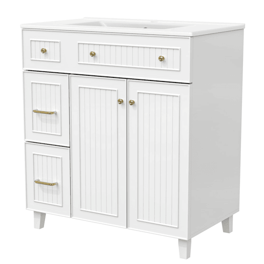 Móvel de casa de banho 82 cm - Lavatório cerâmico, arrumação multifuncional, pés em madeira - Branco Móvel de casa de banho 82 cm - Lavatório cerâmico, arrumação multifuncional, pés em madeira - Branco