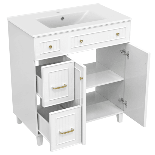 Móvel de casa de banho 82 cm - Lavatório cerâmico, arrumação multifuncional, pés em madeira - Branco Móvel de casa de banho 82 cm - Lavatório cerâmico, arrumação multifuncional, pés em madeira - Branco