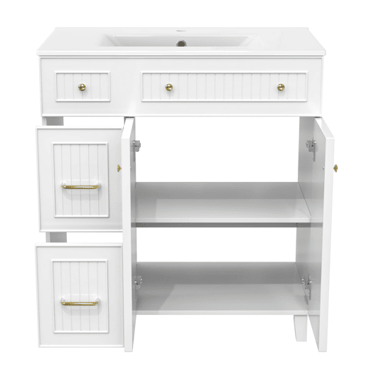 Móvel de casa de banho 82 cm - Lavatório cerâmico, arrumação multifuncional, pés em madeira - Branco Móvel de casa de banho 82 cm - Lavatório cerâmico, arrumação multifuncional, pés em madeira - Branco