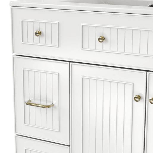Móvel de casa de banho 82 cm - Lavatório cerâmico, arrumação multifuncional, pés em madeira - Branco Móvel de casa de banho 82 cm - Lavatório cerâmico, arrumação multifuncional, pés em madeira - Branco