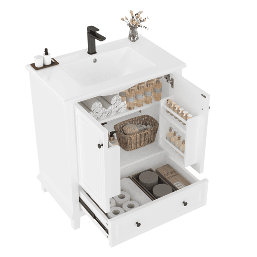 Móvel de casa de banho com pés 76x46x87 cm - Com lavatório cerâmico, grande espaço de arrumação, pés de madeira - Branco